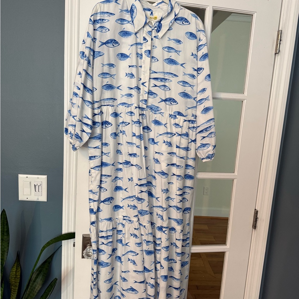 Maeve Blue and White Fish Print Cotton Dress